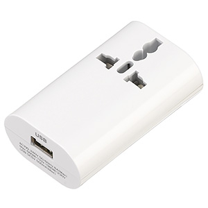 海外用マルチ変換プラグ 2個口+USB1ポート A・C・O・BF・SEタイプ対応 USB出力1A ホワイト