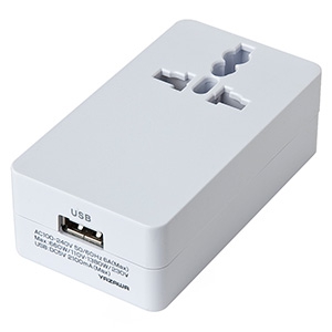 海外用マルチ変換プラグ 2個口+USB1ポート A・C・O・BF・SEタイプ対応 USB出力2A ホワイト